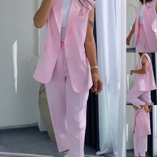 ⏰Rebajas de último día 49% de descuento💖Conjunto de elegante blazer sin mangas y pantalón de cintura alta para mujer.